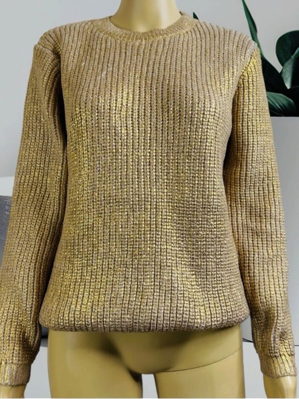 Women Pullover Sweater Gold Foil Crew Neck Long Sleeves Stretch Size L  XL